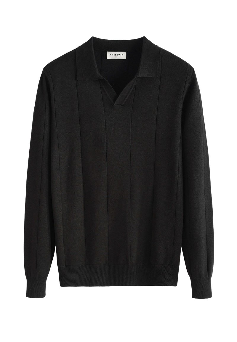 Pull-over en polo noir à manches longues, avec un col en V, un tissu texturé et des rayures verticales sur le devant. Coupe classique.