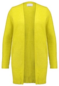 Cardigan jaune en maille à manches longues, ouvert sur le devant, avec poignets et ourlet côtelés, fabriqué dans un matériau doux et duveteux.