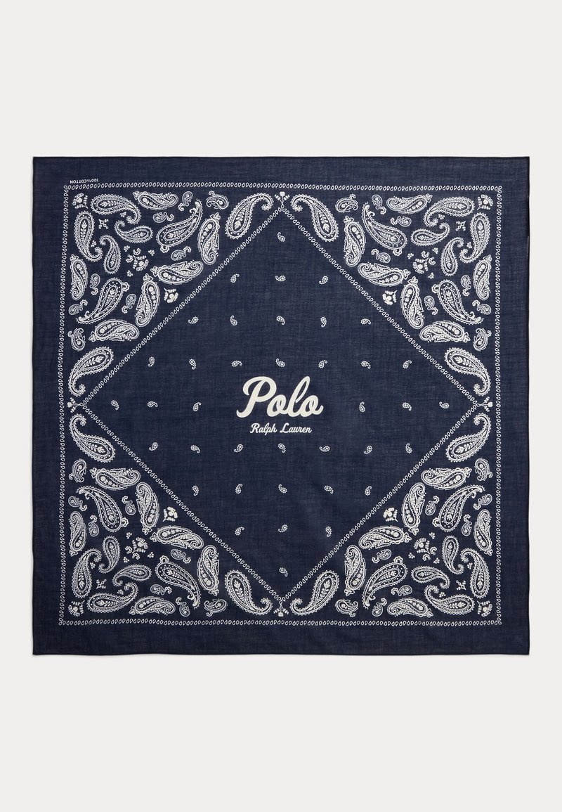 Σκούρο μπλε μπαντάνα με λευκά σχέδια paisley και μικρά μοτίβα, με το κείμενο "Polo Ralph Lauren" στο κέντρο.