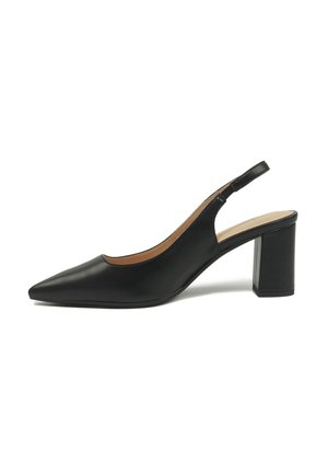 Black leather slingback pump with pointed toe and block heel, shown from the side on a white background.