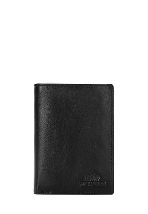 Portefeuille en cuir noir avec une surface texturée, design à deux volets, présentant un logo en relief dans le coin inférieur avant.