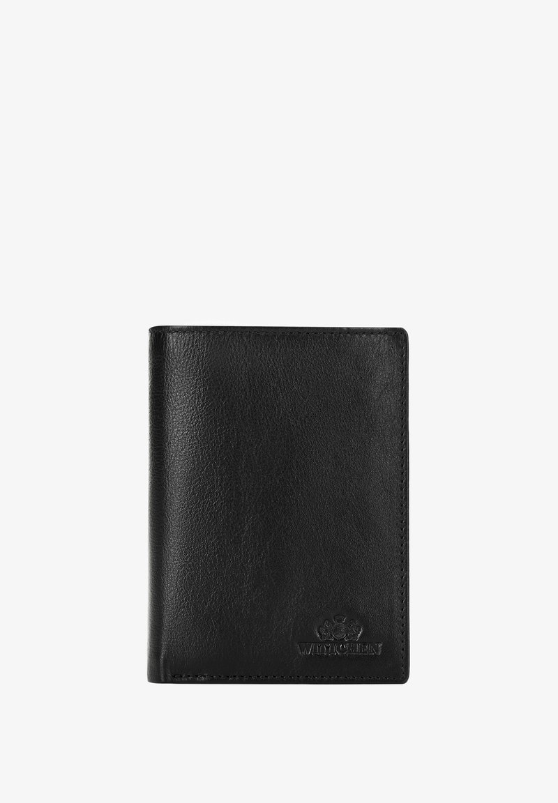 Portafoglio in pelle nera con superficie texture, design bi-fold, dotato di un logo impresso nell'angolo anteriore inferiore.