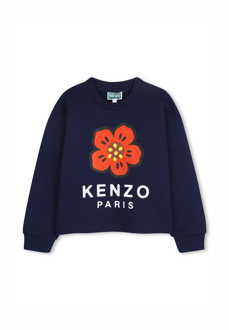 Sweatshirt court bleu marine en coton, avec un grand motif de fleur rouge et le texte "KENZO PARIS" en blanc sous le design.