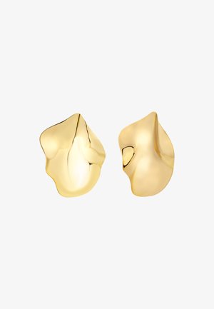 Pendientes abstractos en tono dorado con una superficie lisa y pulida. Presentan formas orgánicas y fluidas, así como una textura variada en el diseño.