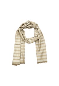 Sciarpa a strisce beige realizzata in tessuto morbido, con strisce chiare e scure alternate, bordi frangiati e un discreto dettaglio del logo.