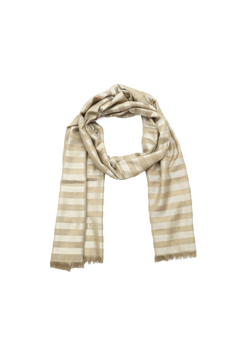 Sciarpa a strisce beige realizzata in tessuto morbido, con strisce chiare e scure alternate, bordi frangiati e un discreto dettaglio del logo.