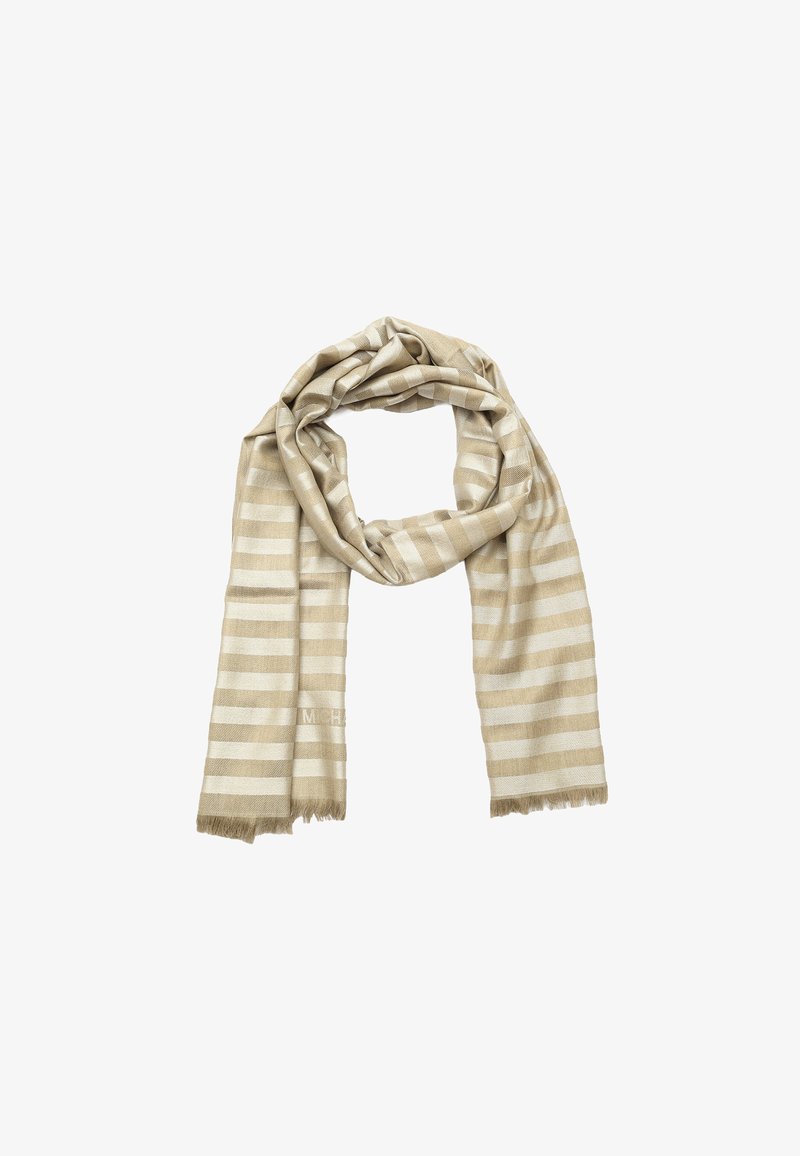 Sciarpa a strisce beige realizzata in tessuto morbido, con strisce chiare e scure alternate, bordi frangiati e un discreto dettaglio del logo.