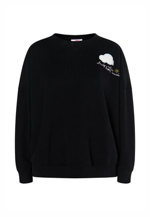 Černá mikina s kulatým výstřihem a dlouhými rukávy. Obsahuje vyšívané motivy oblaku a slunce s textem na levém rameni.