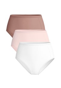 Trois paires de culottes taille haute en marron, rose et blanc. Fabriquées en tissu lisse avec des bords sans couture et sans motifs ni quincaillerie visibles.