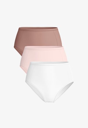Three pairs of high-waisted briefs in brown, pink, and white. Made of smooth fabric with seamless edges and no visible patterns or hardware.