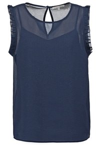Marinblus utan ärmar i lätt tyg, med ett strukturerat rutmönster och volangdetaljer vid ärmarna. Nyckelhålsöppning på baksidan.