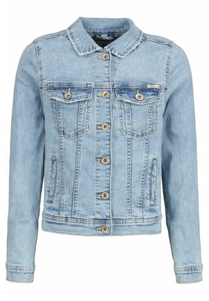 Hellblaue Jeansjacke mit langen Ärmeln, Knopfleiste vorne, zwei Brustklappentaschen und zwei seitlichen Schlitztaschen.