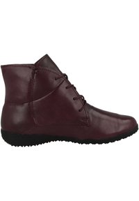 Burgundowe skórzane botki za kostkę z okrągłym noskiem, minimalistycznym wiązaniem, gładką fakturą oraz gumową podeszwą z wzorem antypoślizgowym.