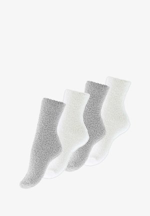 Fuzzy socks set of four in light gray and white colors. Thick, soft texture with ribbed cuffs. Each sock features a solid color design.