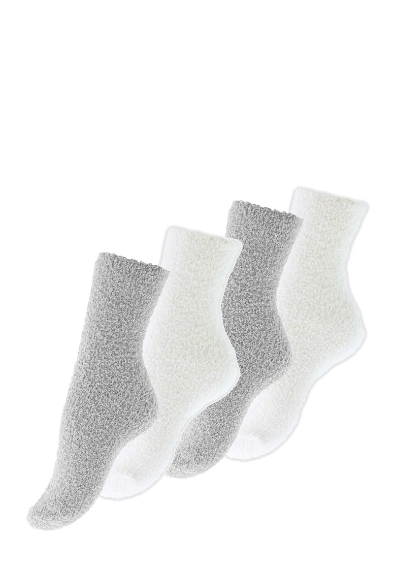 Set di calze pelose di quattro pezzi nei colori grigio chiaro e bianco. Tessuto spesso e morbido con polsini a coste. Ogni calza presenta un design a tinta unita.