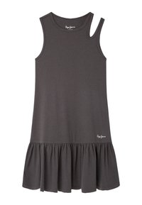  viensluoksnės tamsiai pilkos suknelės, pagamintos iš briaunoto audinio, su platėjančiu raukiniu apačioje ir logotipu apatiniame dešiniajame kampe.