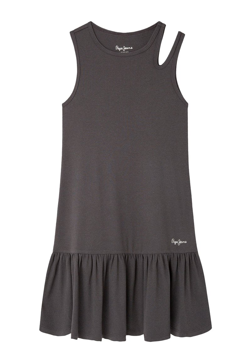  viensluoksnės tamsiai pilkos suknelės, pagamintos iš briaunoto audinio, su platėjančiu raukiniu apačioje ir logotipu apatiniame dešiniajame kampe.