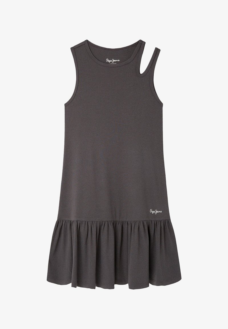 viensluoksnės tamsiai pilkos suknelės, pagamintos iš briaunoto audinio, su platėjančiu raukiniu apačioje ir logotipu apatiniame dešiniajame kampe.