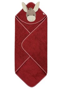 Red towel wrap with a donkey face appliqué at the top. Soft, textured fabric with contrasting pink trim. Designed for children.