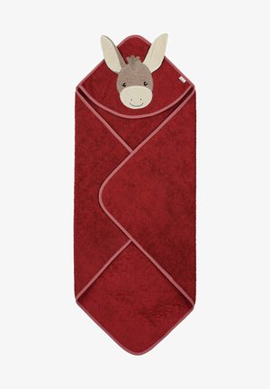 Red towel wrap with a donkey face appliqué at the top. Soft, textured fabric with contrasting pink trim. Designed for children.