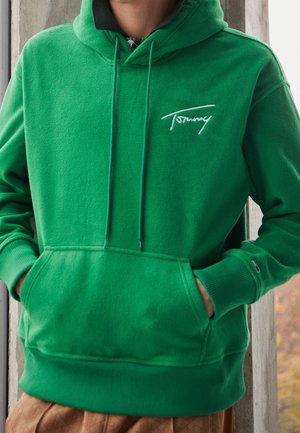 Green sweatshirt with a soft texture, featuring a hood, front pouch pocket, ribbed cuffs, and a white logo on the chest.