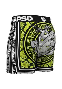 Bóxers con un diseño en negro y verde neón, que presentan serpientes y patrones en una tela texturizada con una cinturilla elástica.