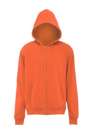 Hellorangener Kapuzenpullover mit Reißverschluss vorne, mit Vordertaschen und Kordelzugkapuze, auf weißem Hintergrund präsentiert.