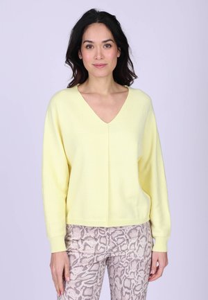 Femme aux cheveux foncés portant un pull à col en V jaune clair et un pantalon imprimé serpent de couleur claire, se tenant devant un fond uni clair.