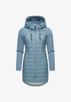 Light blue long jacket with a quilted front, solid sleeves, a hood, and two side zip pockets; features toggles for hood adjustment.