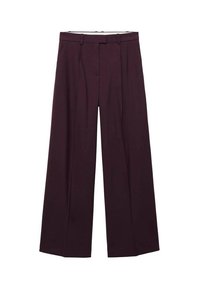 Wide-leg trousers in deep burgundy, featuring a high waist, front pleats, and a smooth fabric texture. Simple belt loops above the waistband.