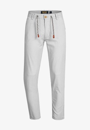Pantalons gris clair en coton avec une coupe fuselée. Comprend un lien à la taille avec des accents noir et blanc, un bouton à l'avant et des poches latérales.