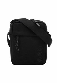 Borsa a tracolla nera realizzata in tessuto resistente. Dotata di chiusura con zip, tracolla regolabile e tre icone stampate sul davanti.