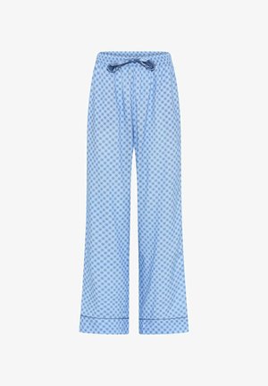 Zilīgi rakstoti pidžamu bikses, izgatavotas no viegla auduma, ar elastīgu jostu un satīna saišu, taisnām kājām ar piedurknēm.