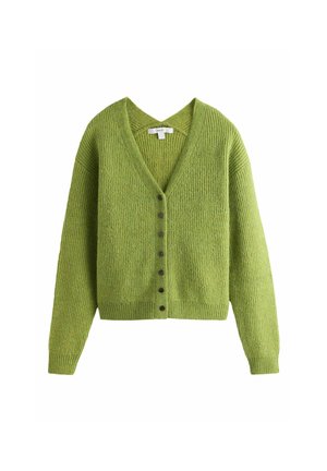 Grüne gerippte Strickjacke mit langen Ärmeln und sechs schwarzen Knöpfen vorne.