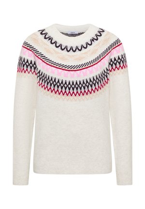 Pull crème avec un col rond, présentant un motif géométrique coloré en rose, rouge, noir et beige sur l'empiècement. Texture douce.