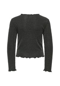 Musta pitkähihainen neulepaita, jossa on pieniä valkoisia sahalaitakuviota, rypytetyt reunat hihoissa ja helmassa sekä hieman lyhyempi malli.