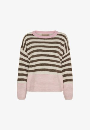 Stribet sweater med brune og cremefarvede vandrette striber samt pink ribbet halsudskæring og kant. Fremstillet af et blødt, tekstureret stof.