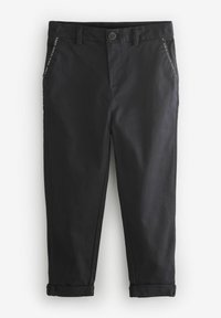 Pantalons en coton noir avec une coupe slim, des ourlets roulés et des coutures décoratives sur les poches. Texture lisse avec un design épuré.