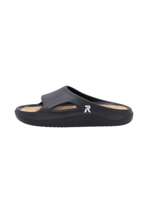 Black slip-on sandal with a smooth exterior, open toe, and side cutouts. Features a cushioned beige footbed and textured black sole.