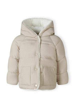 Veste bébé rembourrée beige avec capuche, boutons-pression, deux poches avant et doublure polaire blanche à l’intérieur.