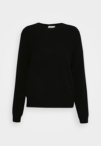 Sort strikket sweater med lange ærmer, rund halsudskæring, ribbet tekstur på øverste del og tætsiddende manchetter og kant. Ingen pynt eller mønstre.