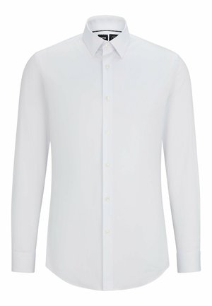 White long-sleeve shirt made of smooth fabric, featuring a buttoned front, classic collar, and rounded hem with buttoned cuffs.
