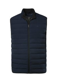 Marineblauer Puffer-Weste mit hohem Kragen, Frontreißverschluss und gestepptem Design. Sie verfügt über eine glatte Textur und eine dezente Markenkennzeichnung auf der Brust.