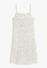 Blumenkleid mit dünnen Trägern, cremefarbenem Hintergrund und blauen Blumen. Leichter Stoff, lockere Passform, knielanges Design.