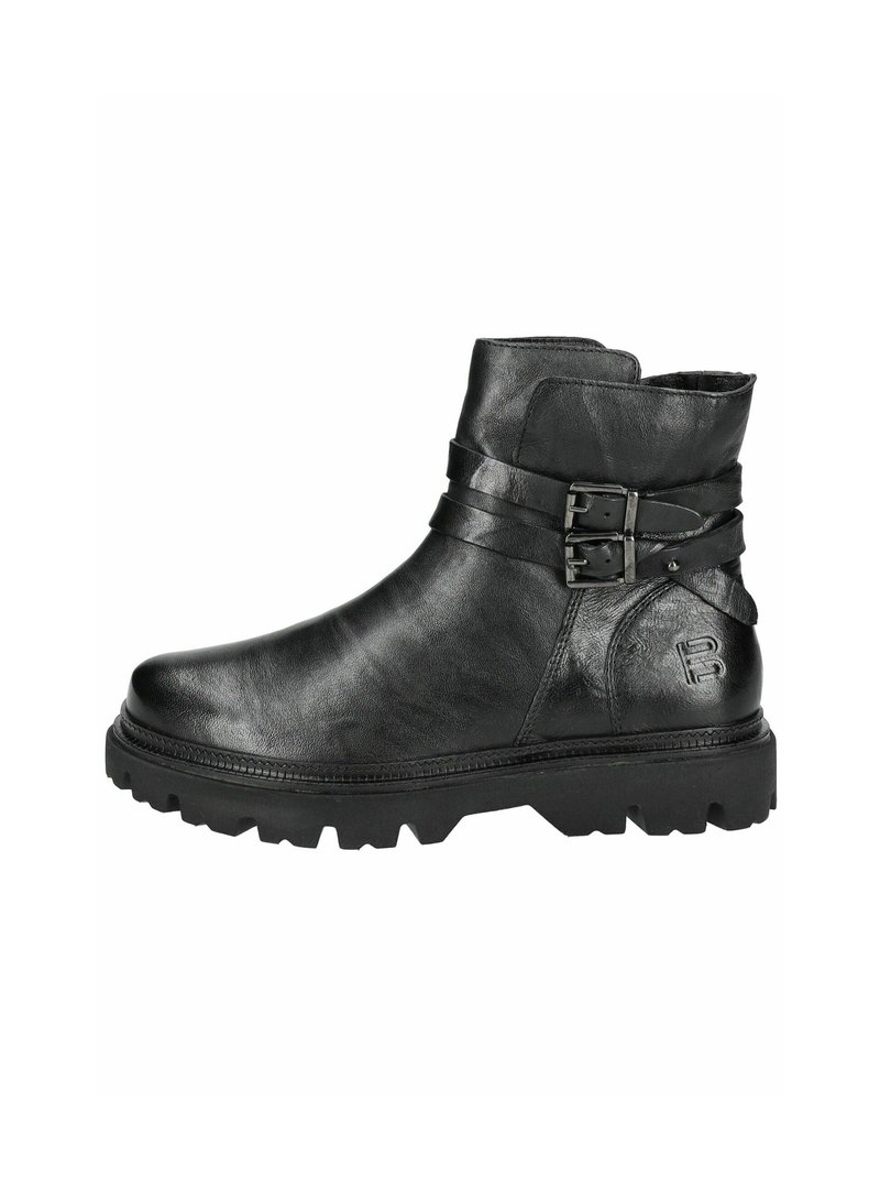 Botas de tobillo de cuero negro con punta redondeada, dos hebillas ajustables en el lateral y una suela rugosa y texturizada para mayor tracción.