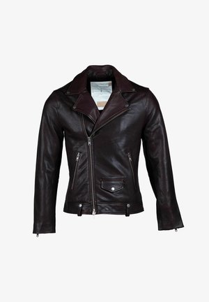 Motnocvetna usnjena motoristična jakna z ovratnikom z zarezami, sprednjim zadrgo, srebrno kovinsko opremo, dvema stranskima žepoma z zadrgo in enim žepom s pokrovom.