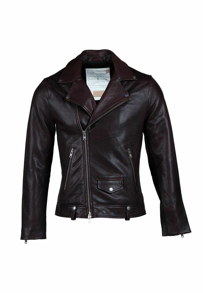 Burgundiapunane nahast mootorratturi jakk sälgjas kraega, esiosal tõmblukuga, hõbedased detailid, kaks küljetõmblukuga taskut ja üks kaantasku.