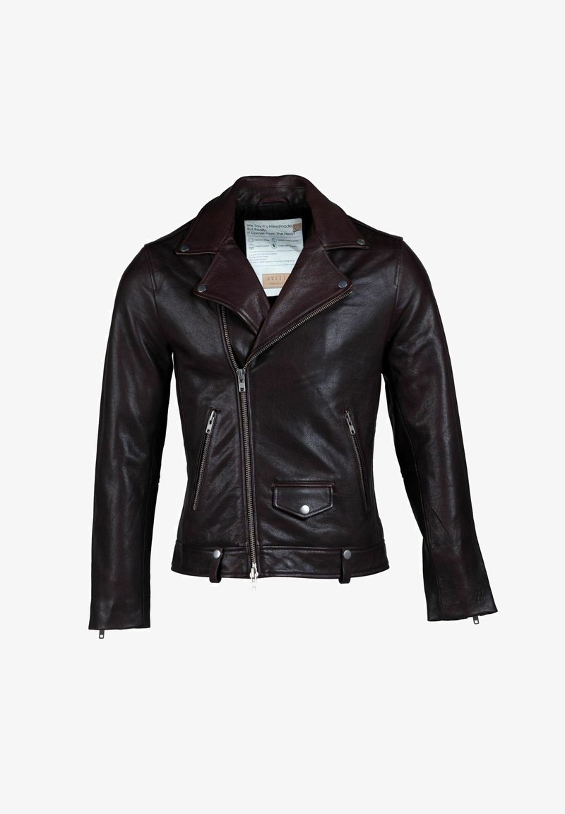 Burgundiapunane nahast mootorratturi jakk sälgjas kraega, esiosal tõmblukuga, hõbedased detailid, kaks küljetõmblukuga taskut ja üks kaantasku.