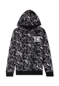 Felpa nera con cappuccio caratterizzata da un motivo in marmo bianco, con il testo "BEYOND THE DISTANCE" stampato in bianco. Cappuccio regolabile e polsini a coste.