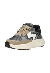 Sneaker met een mesh bovenwerk, suède en synthetische overlays in grijs, beige en wit. Bevat ronde veters, een gevoerde tong en een getextureerde zool.